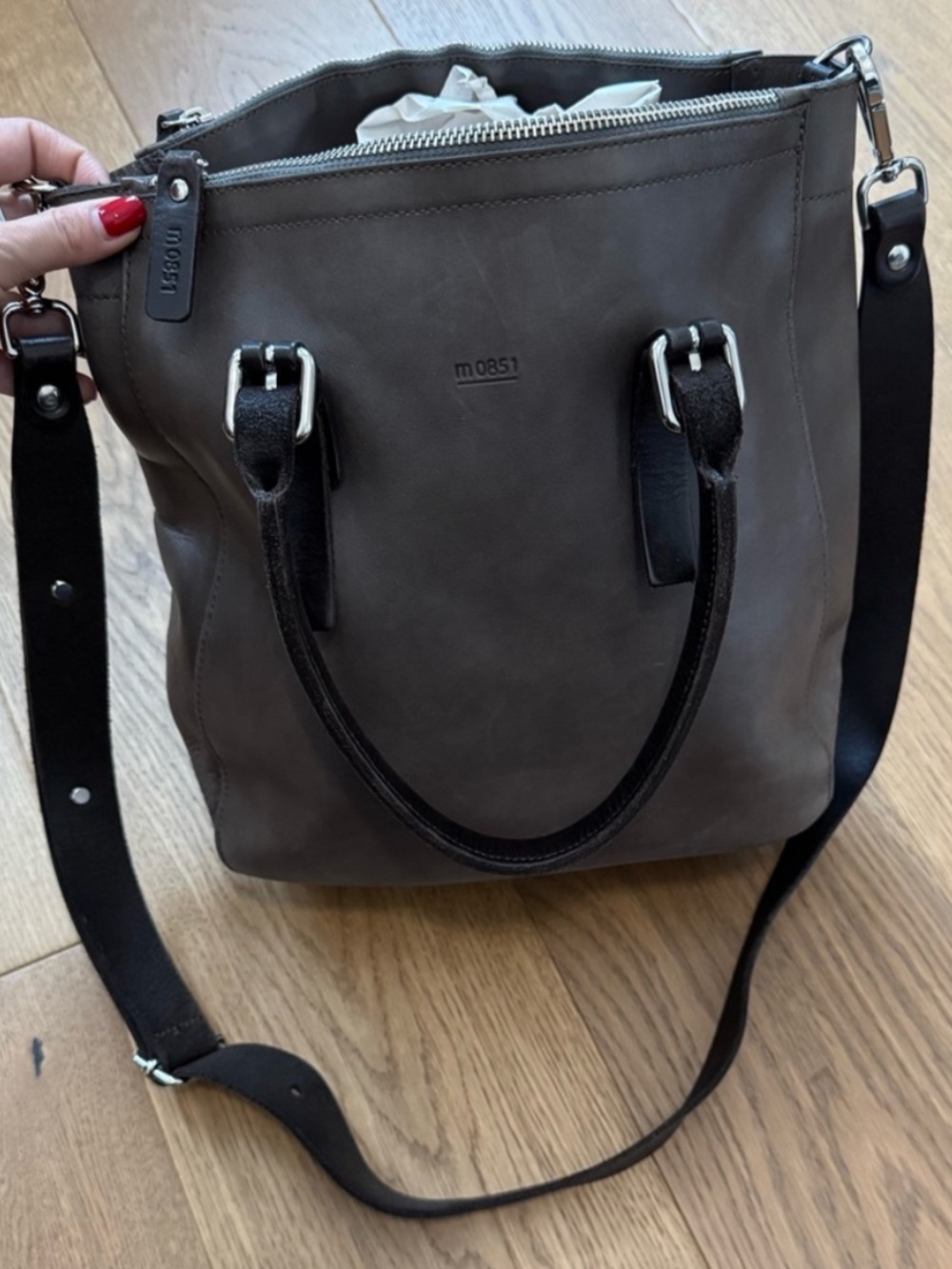 M0851 Medium Tote Bag - Gray & Dark Brown Leather - EUC